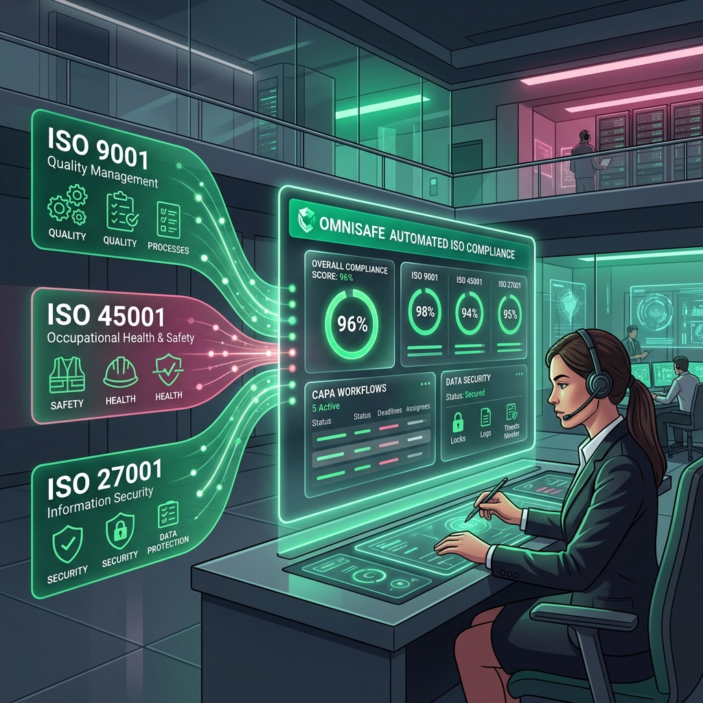 Compliance dashboard illustrating ISO frameworks and automation