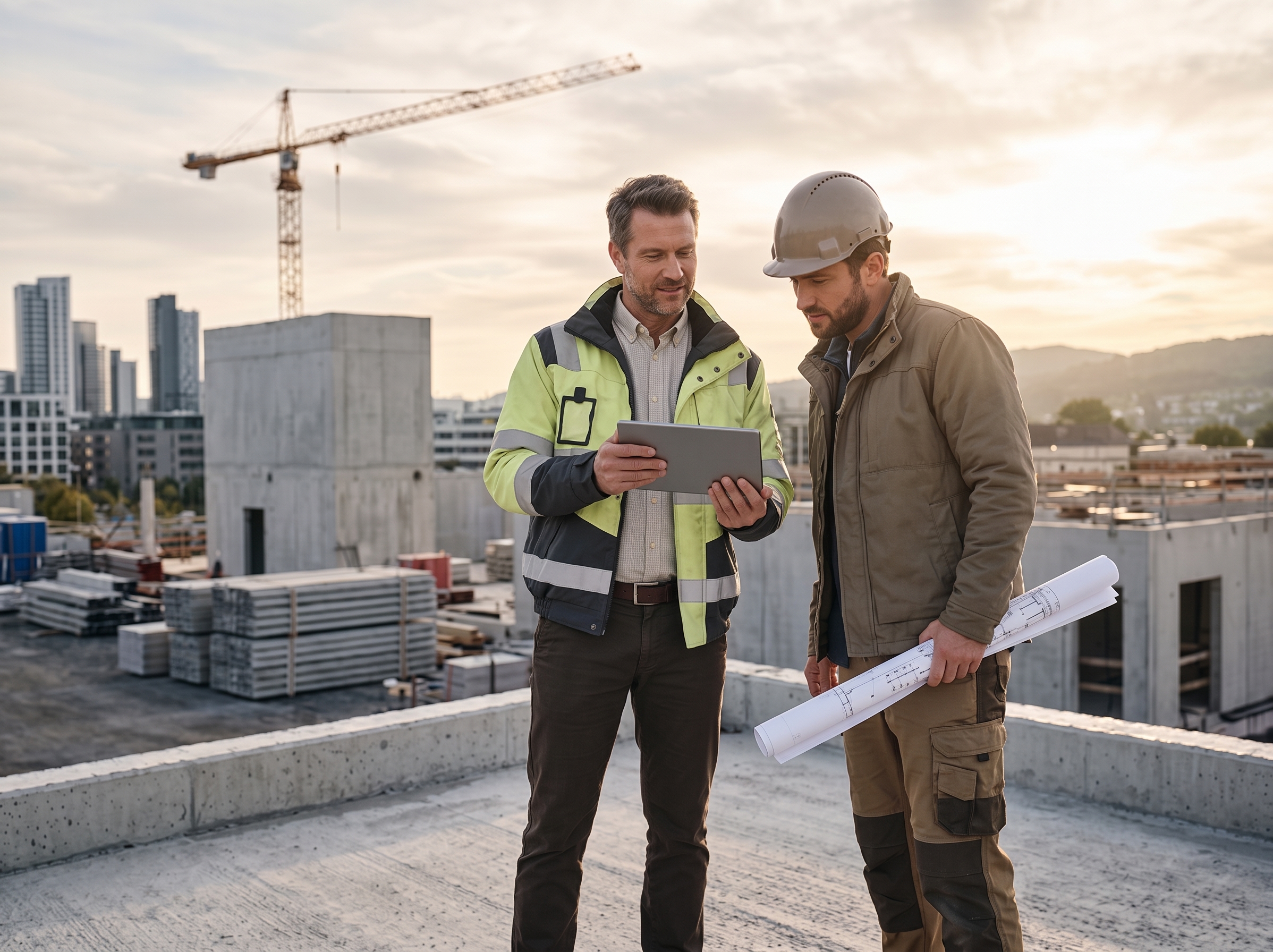 Independent industrial safety agent wearing hi-vis jacket presenting software solutions on a tablet to an engineer at a construction site