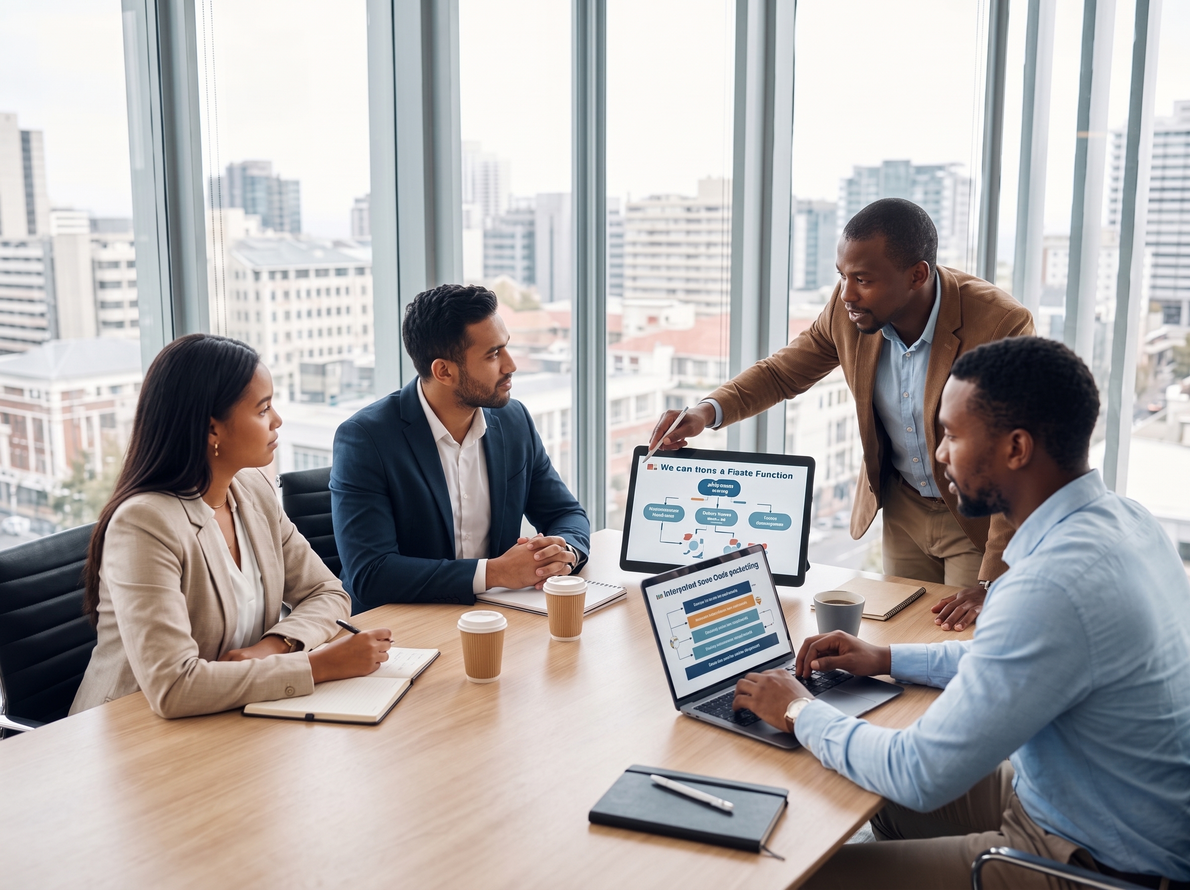 Professional business consultancy team collaborating over digital tablets and laptops analyzing multi-tenant cloud software workflows