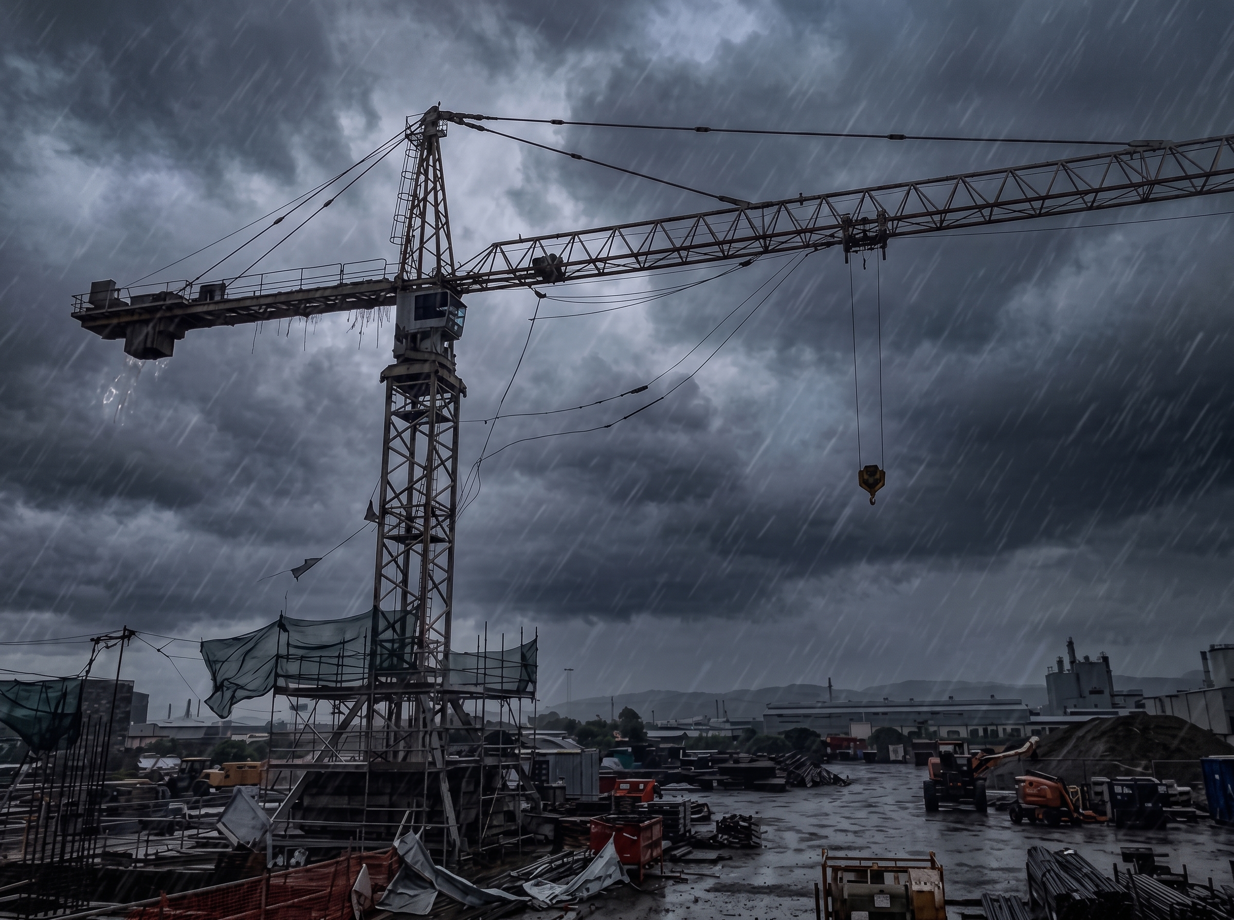 Tower crane against a dark stormy sky in gale-force winds with rainy conditions, illustrating severe weather industrial risks