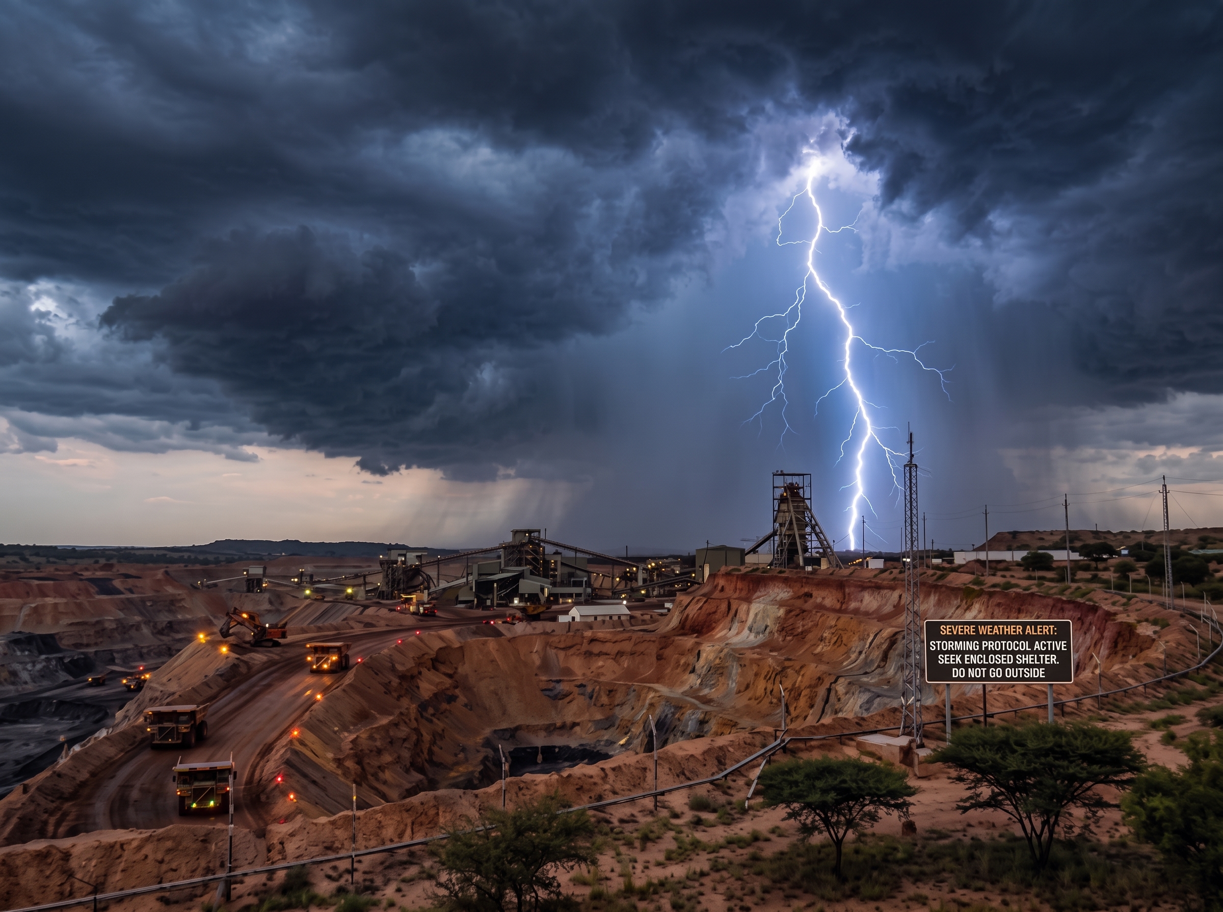 Dramatic lightning strike over industrial mine site in South Africa