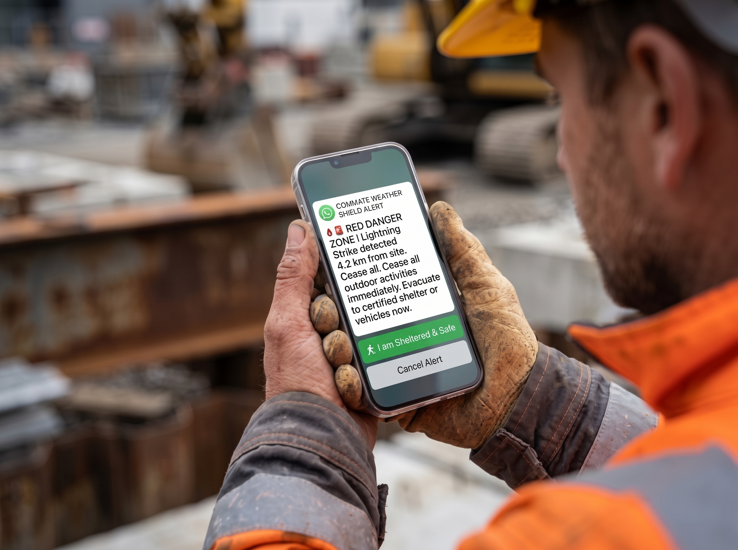 Close-up of construction site worker holding smartphone displaying urgent WhatsApp emergency severe weather alert with interactive confirmation buttons